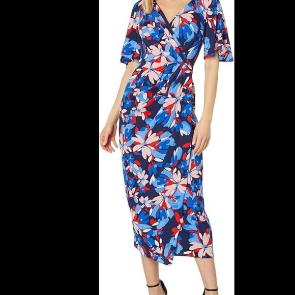 Maggy London Women's Plus Floral Short Flutter Sleeve Faux Wrap Midi Dress 14 - Picture 1 of 9